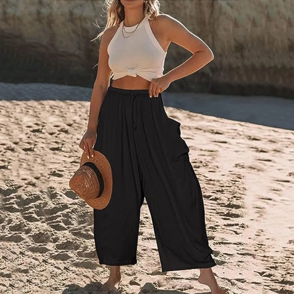 ABAFIP Women's Linen Palazzo Pants Summer Drawstring High Waisted Wide Leg Baggy Harem Pants with Pockets