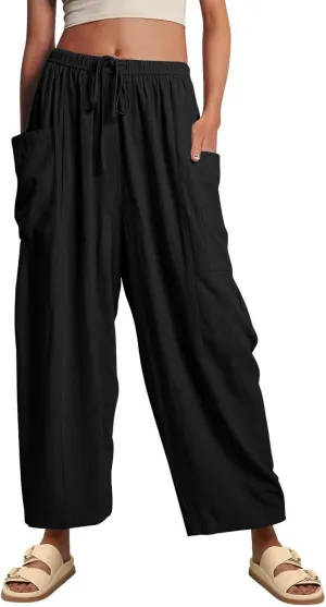 ABAFIP Women's Linen Palazzo Pants Summer Drawstring High Waisted Wide Leg Baggy Harem Pants with Pockets