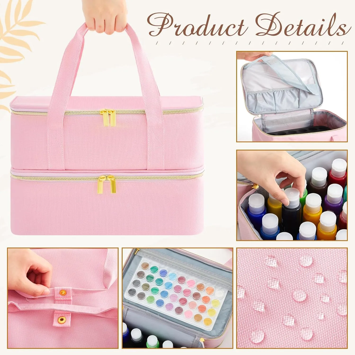 Abbylike Acrylic Paint Organizer Case for up to 56 Bottles (2 Oz) Double Layer Art Supply Storage Bag Alcohol Ink Storage Paint Carry Case with Foam Insert and Inner Pocket(Pink)