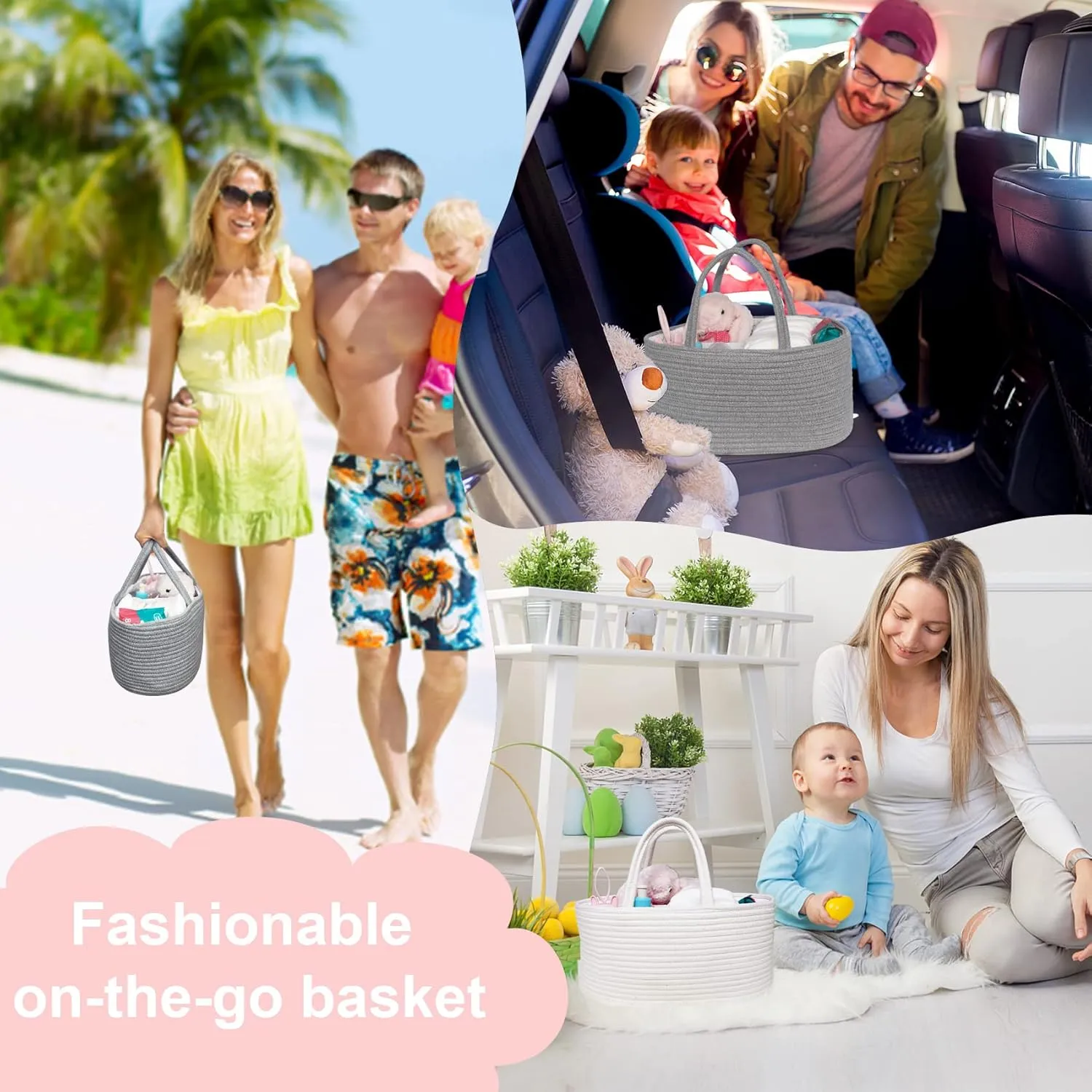 ABenkle Baby Diaper Caddy, Nursery Storage Bin and Car Organizer for Diapers Wipes, Cotton Rope Basket Changing Table Caddy