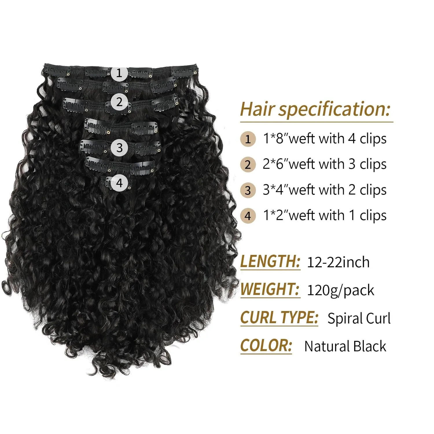 ABH AMAZINGBEAUTY HAIR Curly Clip in Hair Extensions Black Women Spiral Curl Human Hair Clip in Extensions Double Weft Curly Hair Extensions Natural Black Virgin Hair 7Pcs 120G 20 Inch