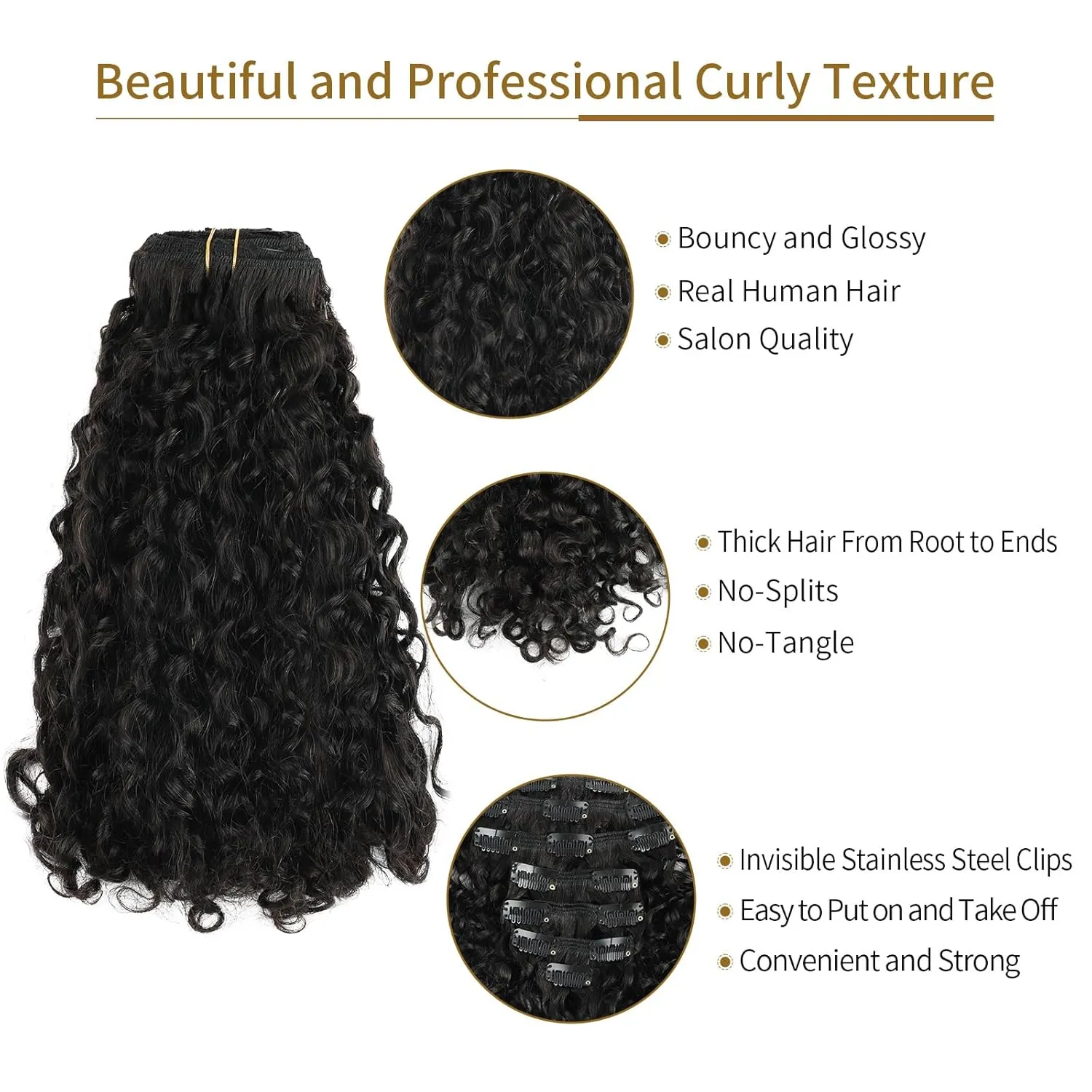 ABH AMAZINGBEAUTY HAIR Curly Clip in Hair Extensions Black Women Spiral Curl Human Hair Clip in Extensions Double Weft Curly Hair Extensions Natural Black Virgin Hair 7Pcs 120G 20 Inch