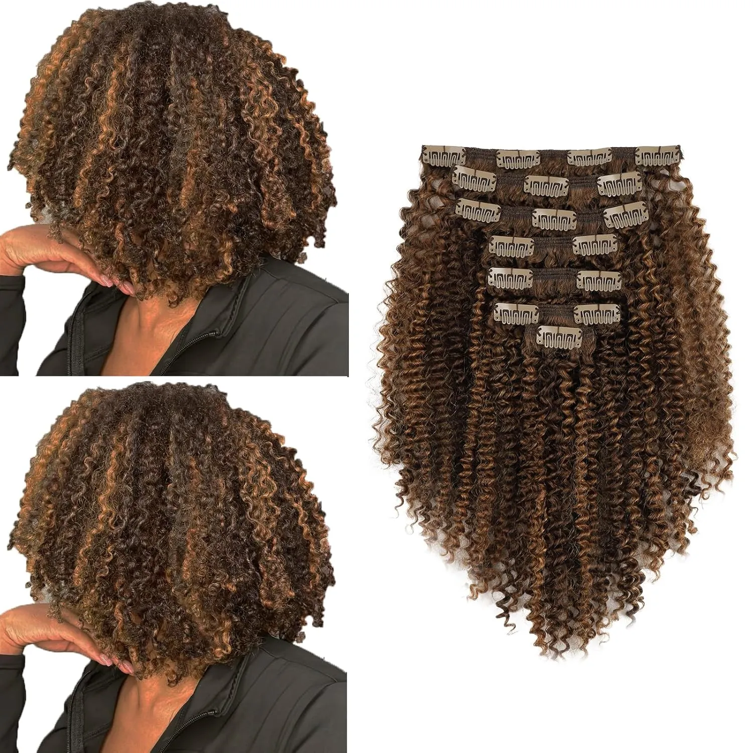 ABH AMAZINGBEAUTY HAIR Kinky Curly Clip ins Black Women 3C 4A Curly Clip in Hair Extensions Two Tone #P4/27 Dark Brown Highlight Blonde Kinky Clip ins Virgin Human Hair Double Weft 7Pcs 120G 12 Inch
