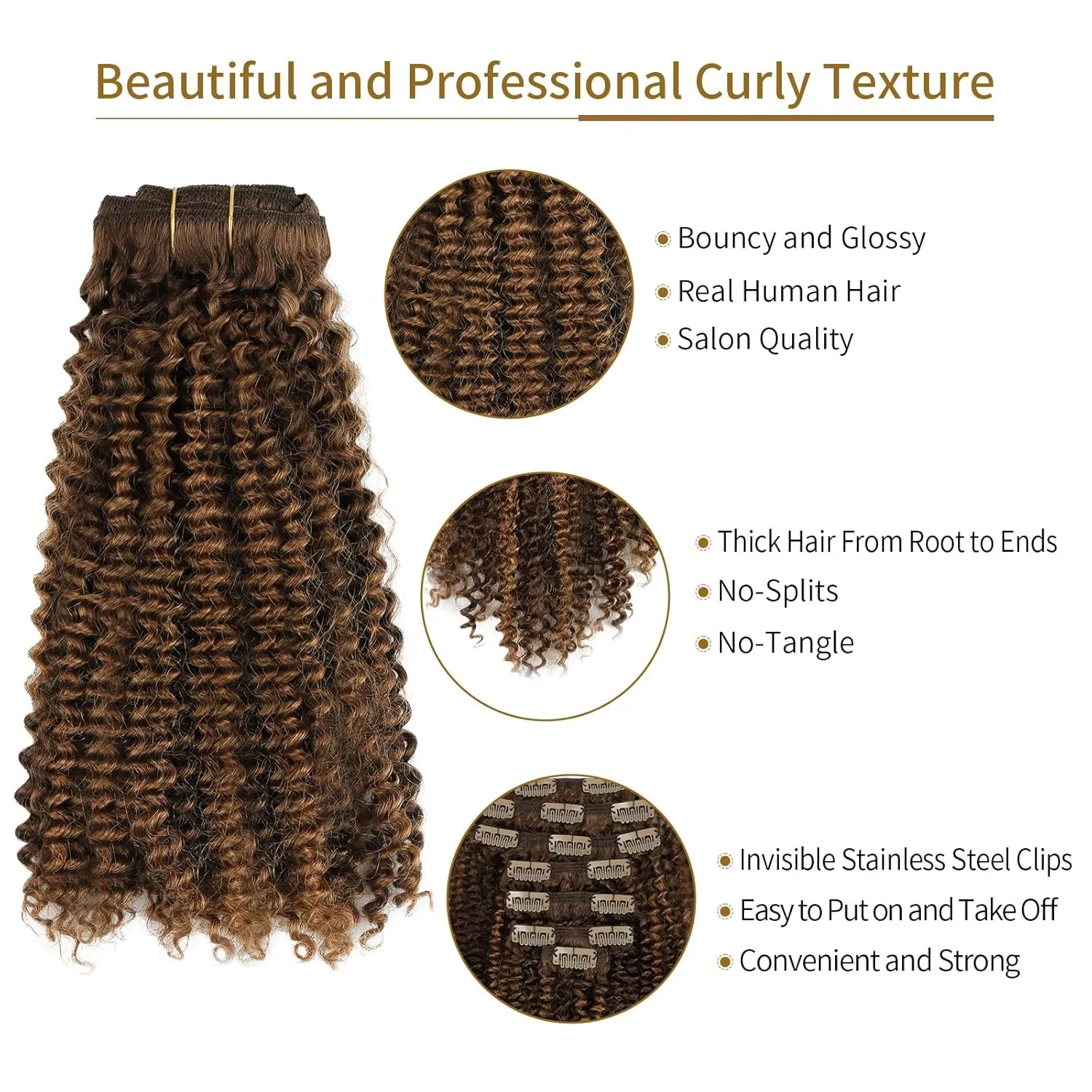ABH AMAZINGBEAUTY HAIR Kinky Curly Clip ins Black Women 3C 4A Curly Clip in Hair Extensions Two Tone #P4/27 Dark Brown Highlight Blonde Kinky Clip ins Virgin Human Hair Double Weft 7Pcs 120G 12 Inch
