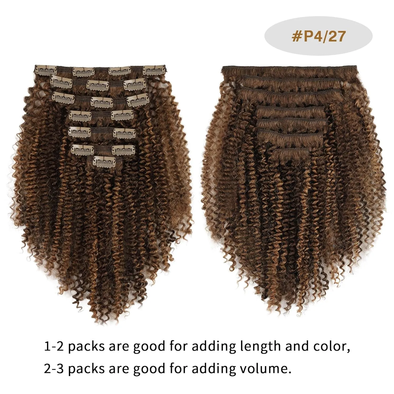ABH AMAZINGBEAUTY HAIR Kinky Curly Clip ins Black Women 3C 4A Curly Clip in Hair Extensions Two Tone #P4/27 Dark Brown Highlight Blonde Kinky Clip ins Virgin Human Hair Double Weft 7Pcs 120G 12 Inch