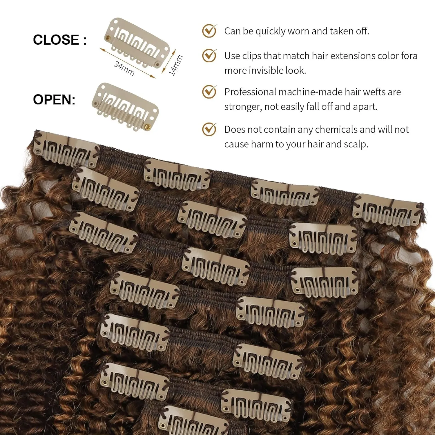ABH AMAZINGBEAUTY HAIR Kinky Curly Clip ins Black Women 3C 4A Curly Clip in Hair Extensions Two Tone #P4/27 Dark Brown Highlight Blonde Kinky Clip ins Virgin Human Hair Double Weft 7Pcs 120G 12 Inch