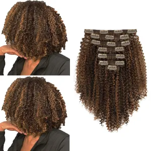 ABH AMAZINGBEAUTY HAIR Kinky Curly Clip ins Black Women 3C 4A Curly Clip in Hair Extensions Two Tone #P4/27 Dark Brown Highlight Blonde Kinky Clip ins Virgin Human Hair Double Weft 7Pcs 120G 12 Inch