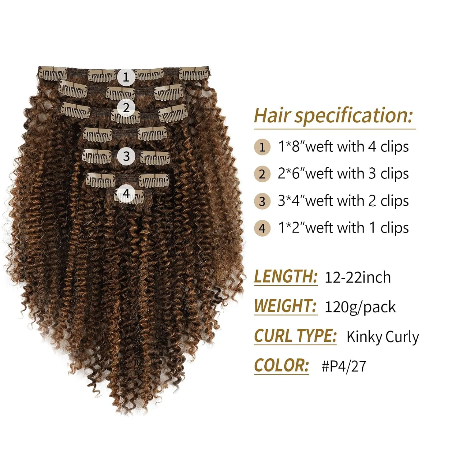 ABH AMAZINGBEAUTY HAIR Kinky Curly Clip ins Black Women 3C 4A Curly Clip in Hair Extensions Two Tone #P4/27 Dark Brown Highlight Blonde Kinky Clip ins Virgin Human Hair Double Weft 7Pcs 120G 12 Inch