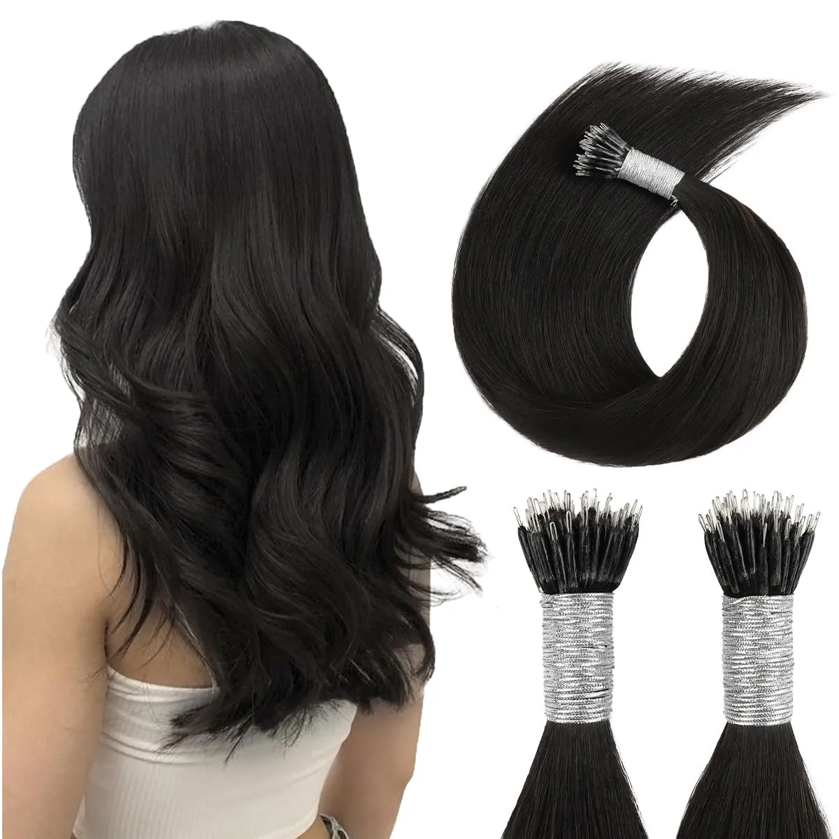 ABH AMAZINGBEAUTY HAIR Nano Ring Extensions Real Human Remy Hair - Cold Fusion Keratin Treatment #1B Off Black Soft Natural - 20 Inch, 50 strands/50g/set, 1g/strand