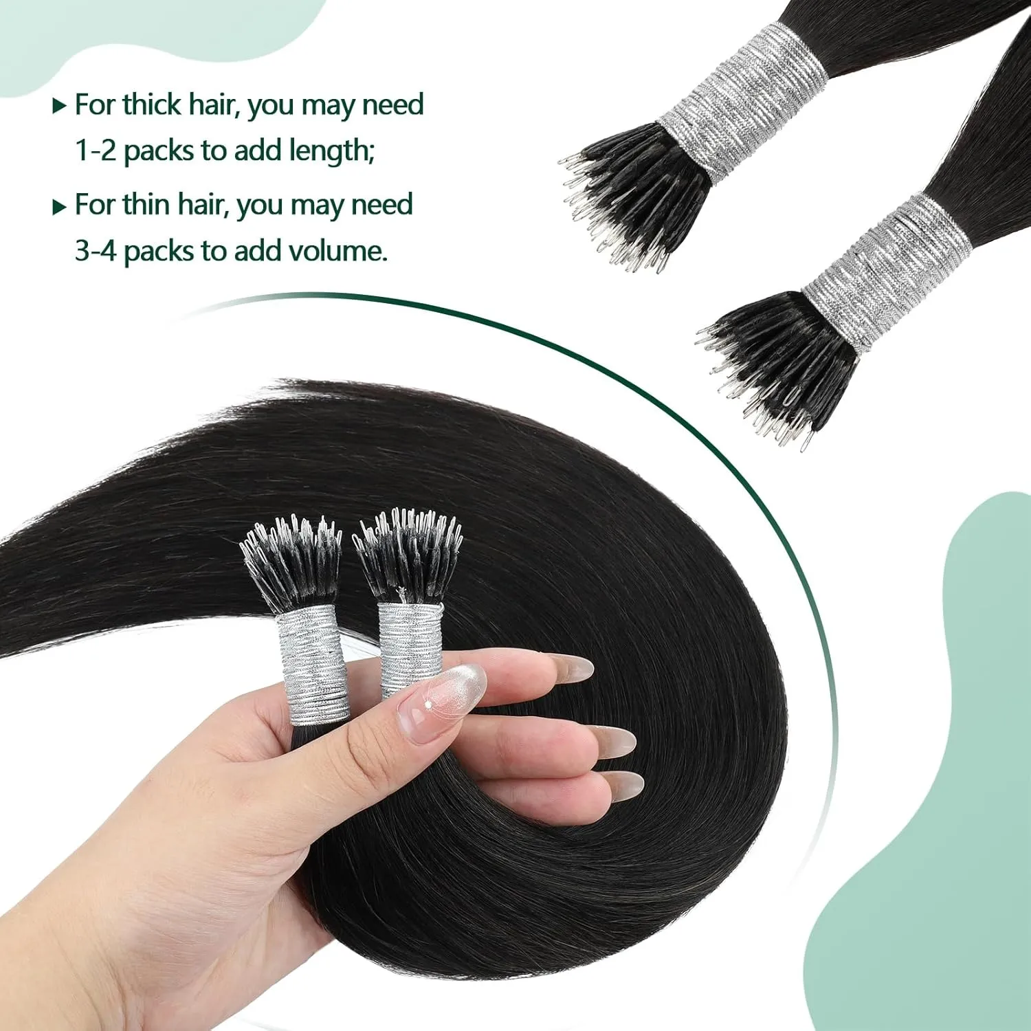 ABH AMAZINGBEAUTY HAIR Nano Ring Extensions Real Human Remy Hair - Cold Fusion Keratin Treatment #1B Off Black Soft Natural - 20 Inch, 50 strands/50g/set, 1g/strand