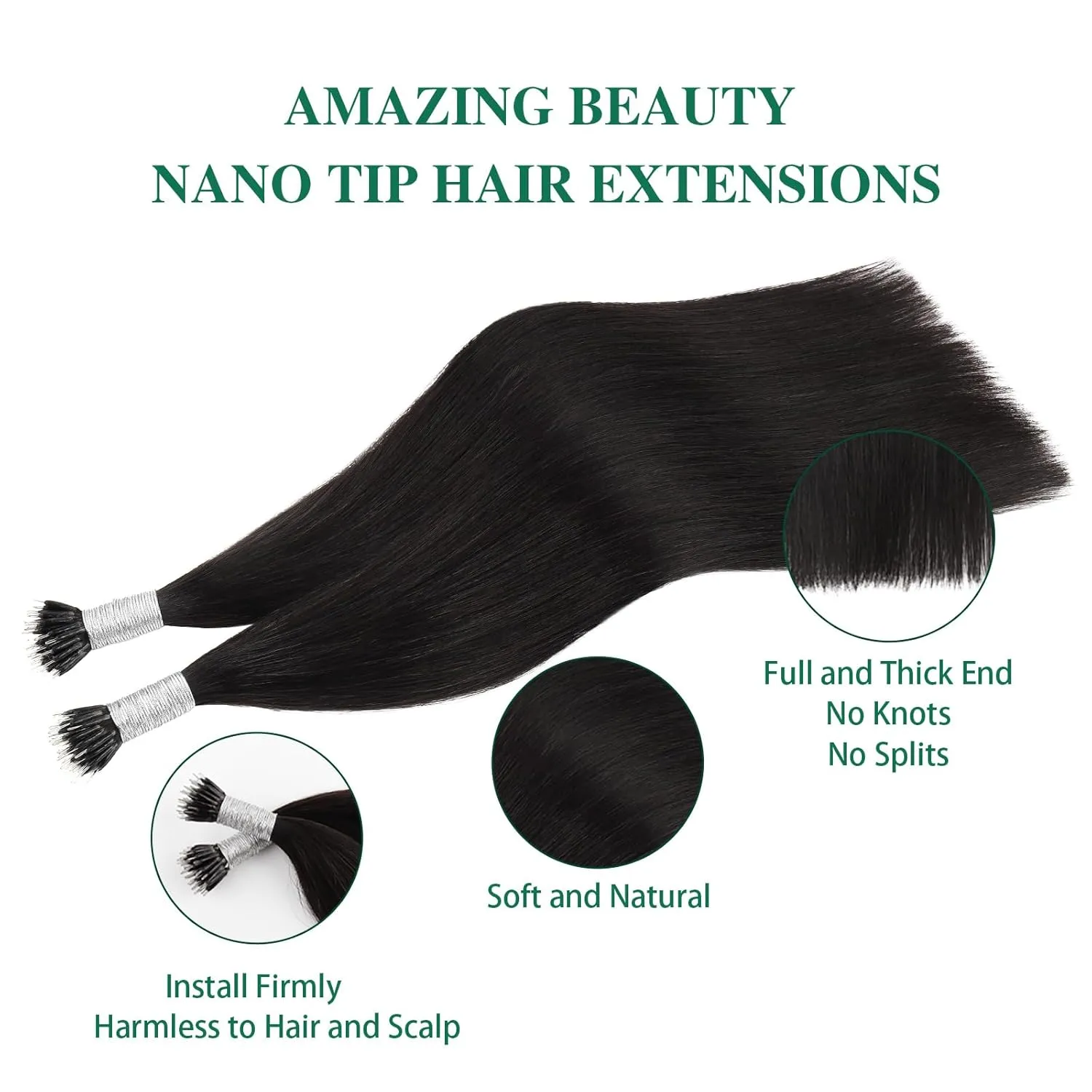 ABH AMAZINGBEAUTY HAIR Nano Ring Extensions Real Human Remy Hair - Cold Fusion Keratin Treatment #1B Off Black Soft Natural - 20 Inch, 50 strands/50g/set, 1g/strand