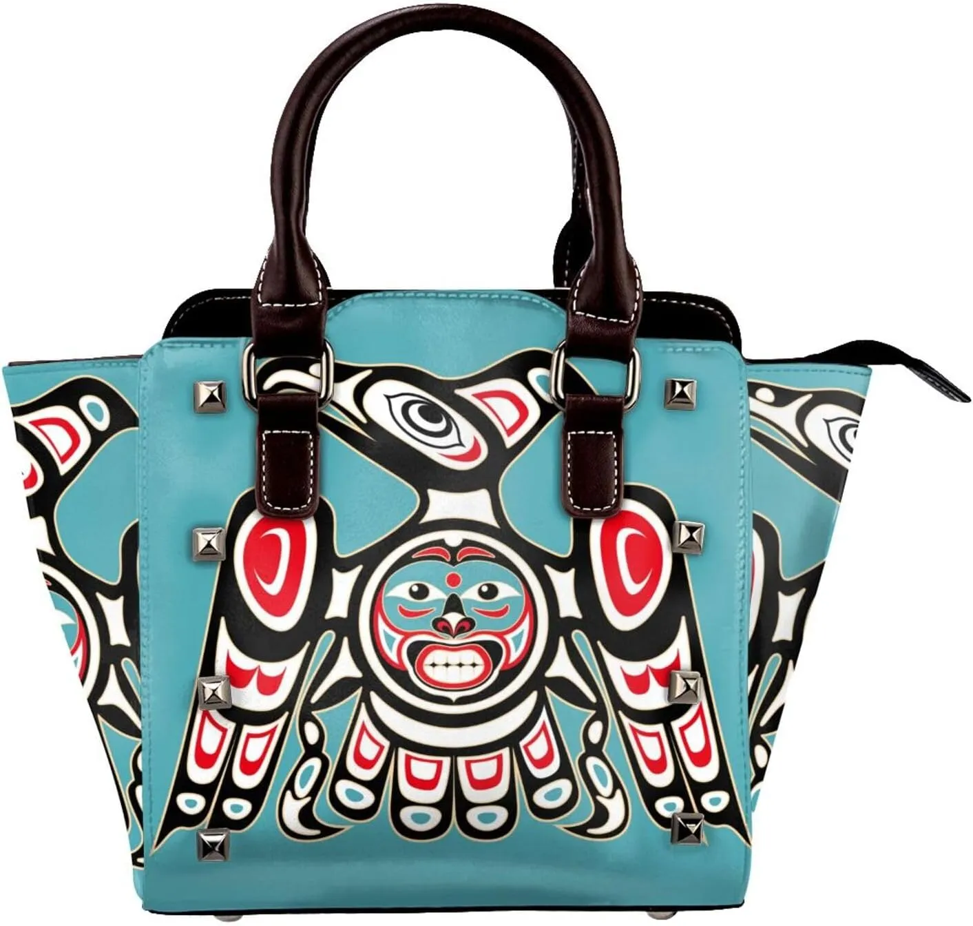 Abstract Thunderbird Indigenous Tribe Women Leather Handbag Rivet Shoulder Bag Top Handle Satchel Purse