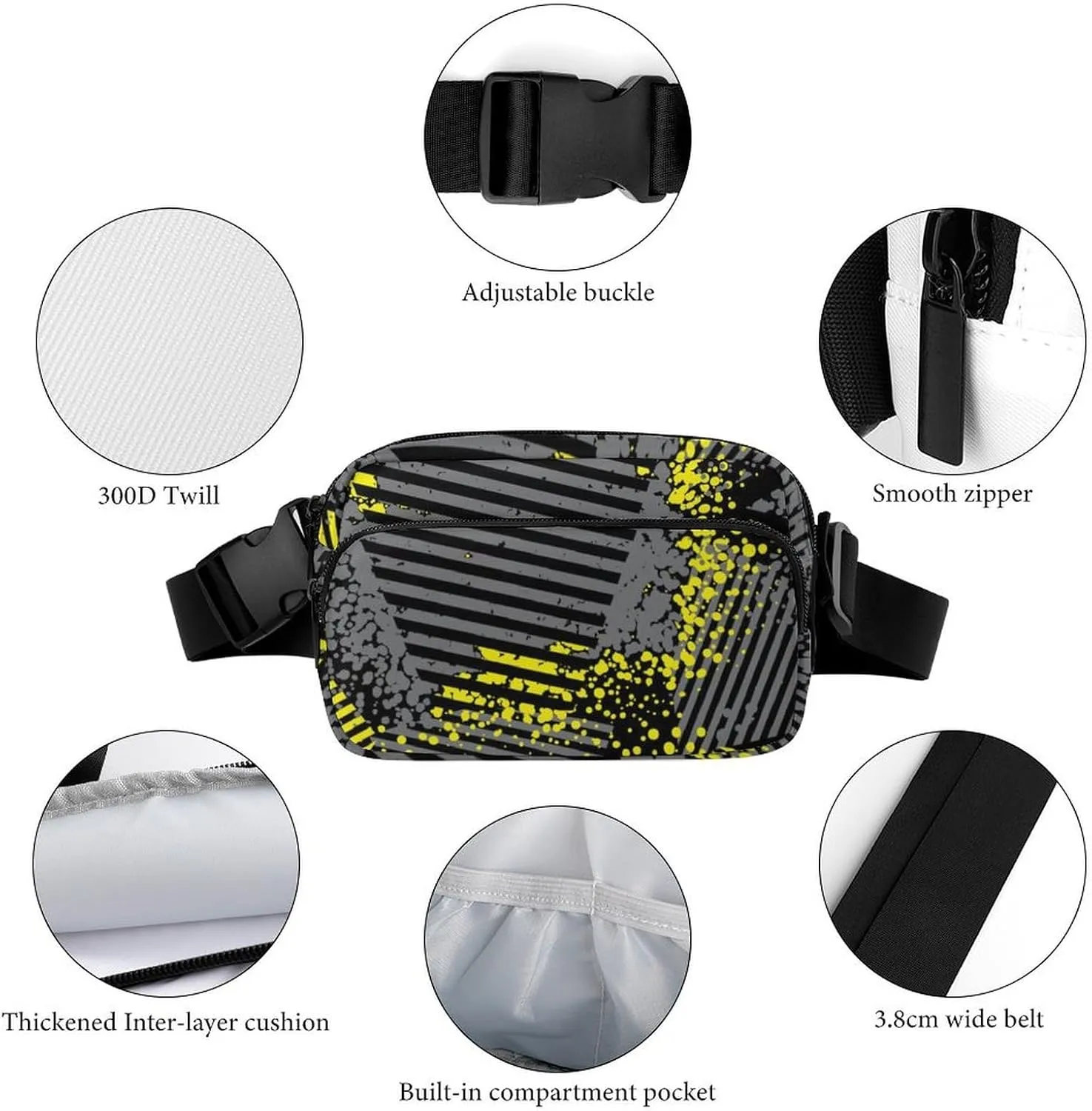 Abstract Triangle Geometric Fanny Pack Belt Bag with Adjustable Strap Yellow Grey Waist Packs Small Pouch Crossbody Bags for Hiking Running Cycling Traveling