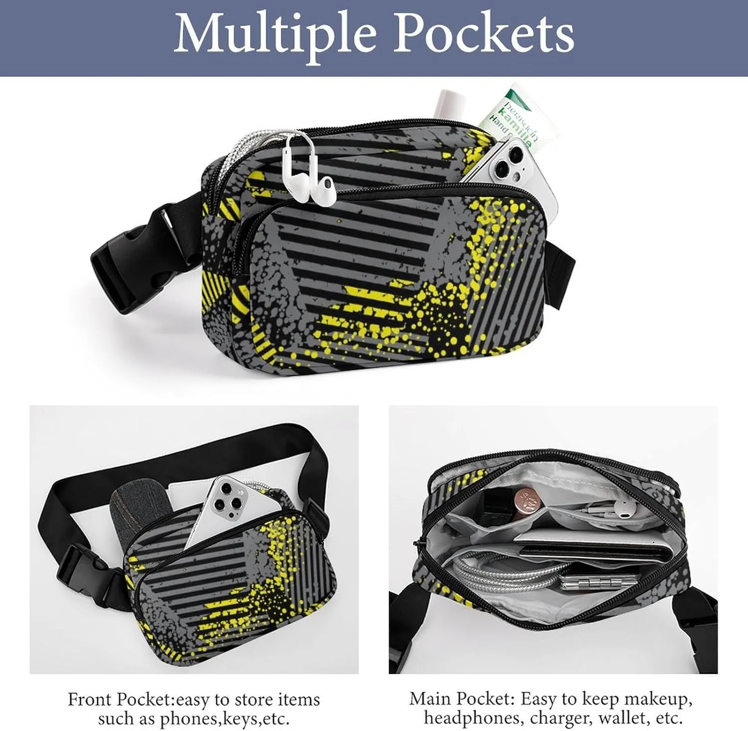 Abstract Triangle Geometric Fanny Pack Belt Bag with Adjustable Strap Yellow Grey Waist Packs Small Pouch Crossbody Bags for Hiking Running Cycling Traveling