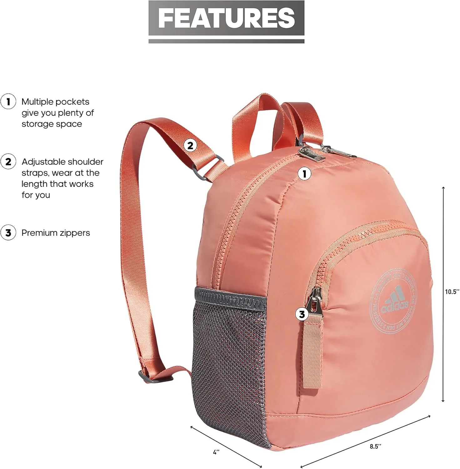 adidas Linear Mini Backpack Small Travel Bag Discontinued, Wonder Clay/Silver Metallic, OSFA