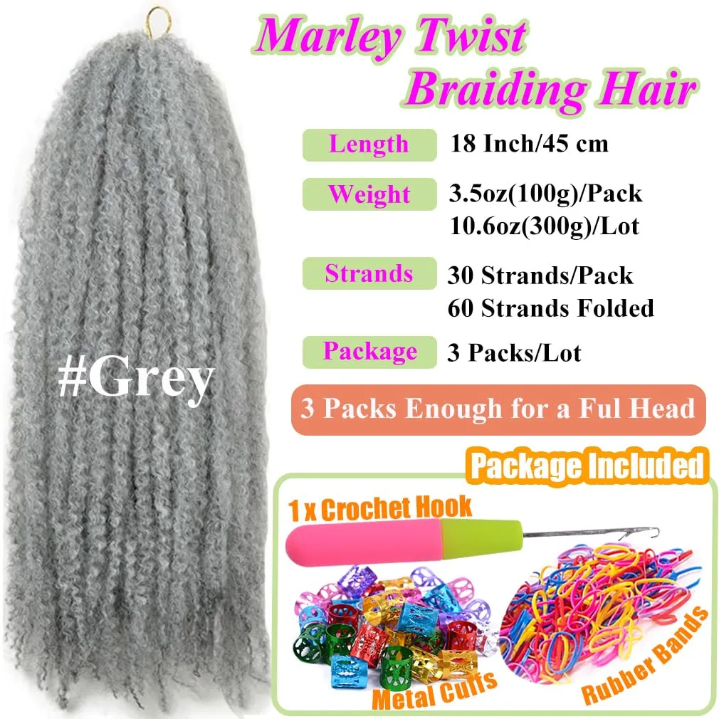 Afro Marley Twist Braiding Hair for Invisible Locs Braids 3 Packs(100g/pack, total 300g), Brazilian Wool Synthetic Hair Extensions 18 Inch (Grey)