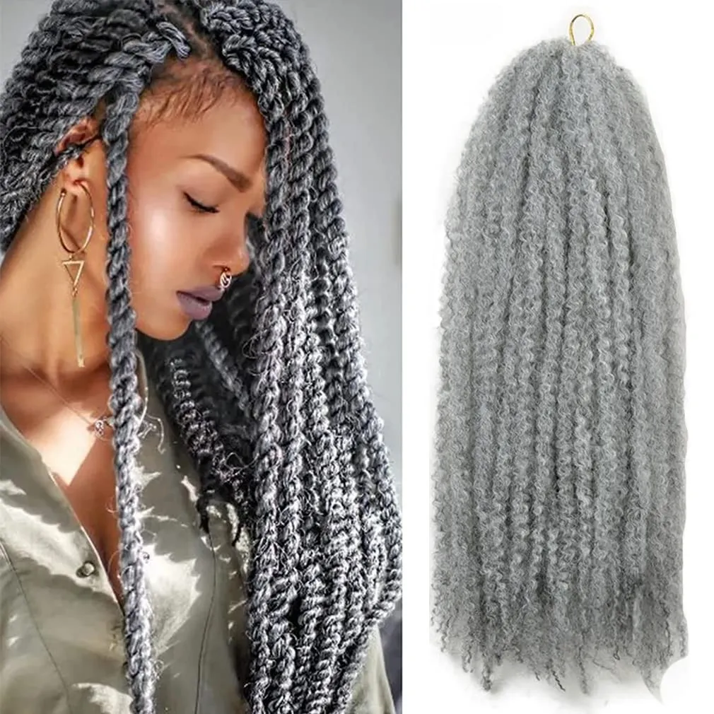 Afro Marley Twist Braiding Hair for Invisible Locs Braids 3 Packs(100g/pack, total 300g), Brazilian Wool Synthetic Hair Extensions 18 Inch (Grey)