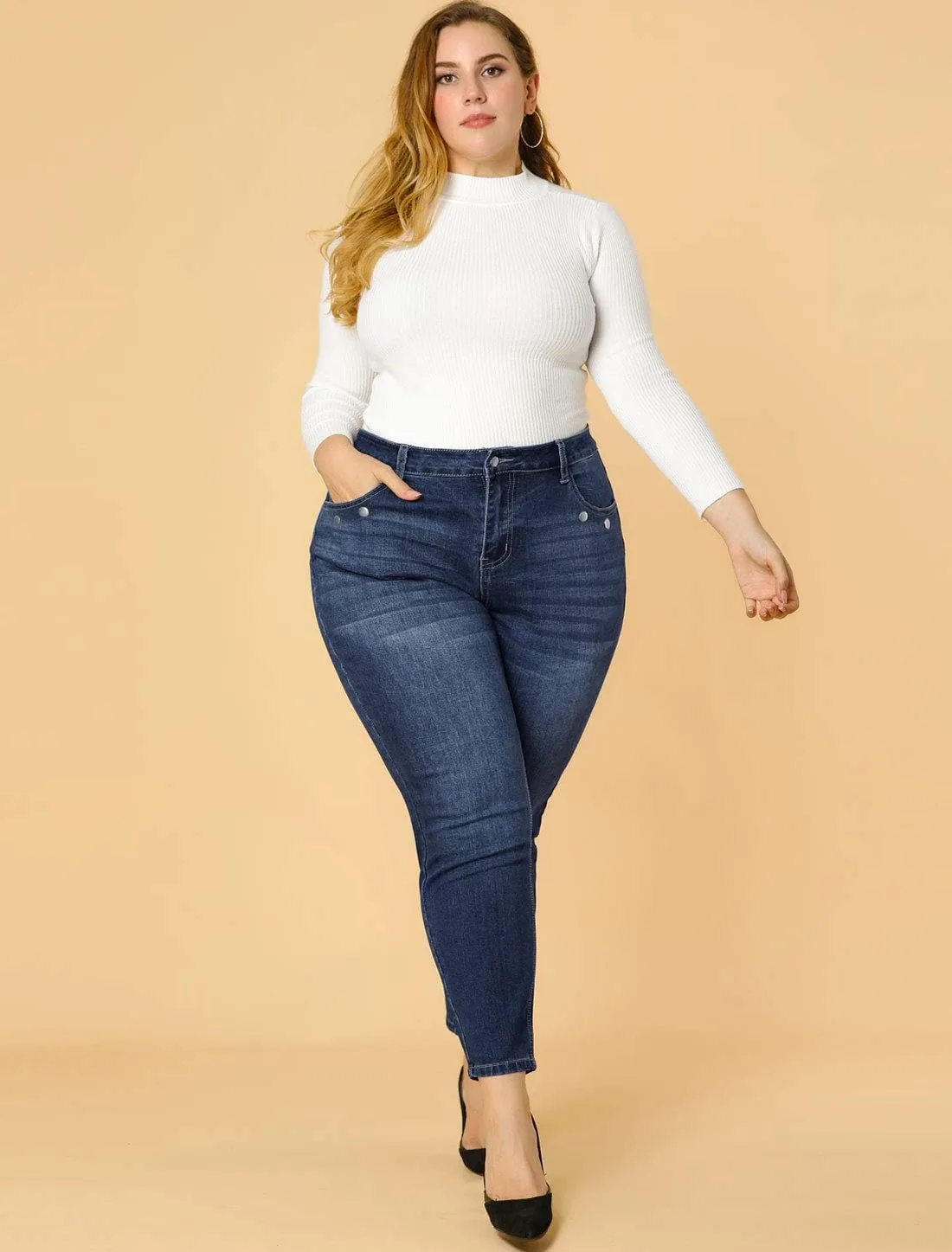 Agnes Orinda Women's Plus Size Denim Jeans Mid Rise Stretch Washed Skinny Casual Pants