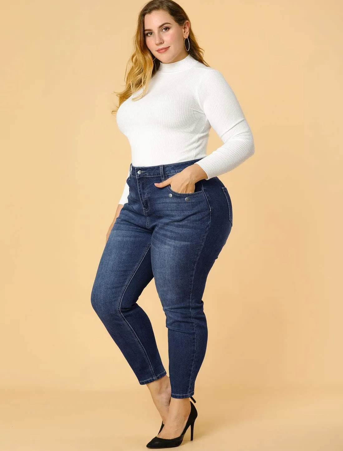 Agnes Orinda Women's Plus Size Denim Jeans Mid Rise Stretch Washed Skinny Casual Pants