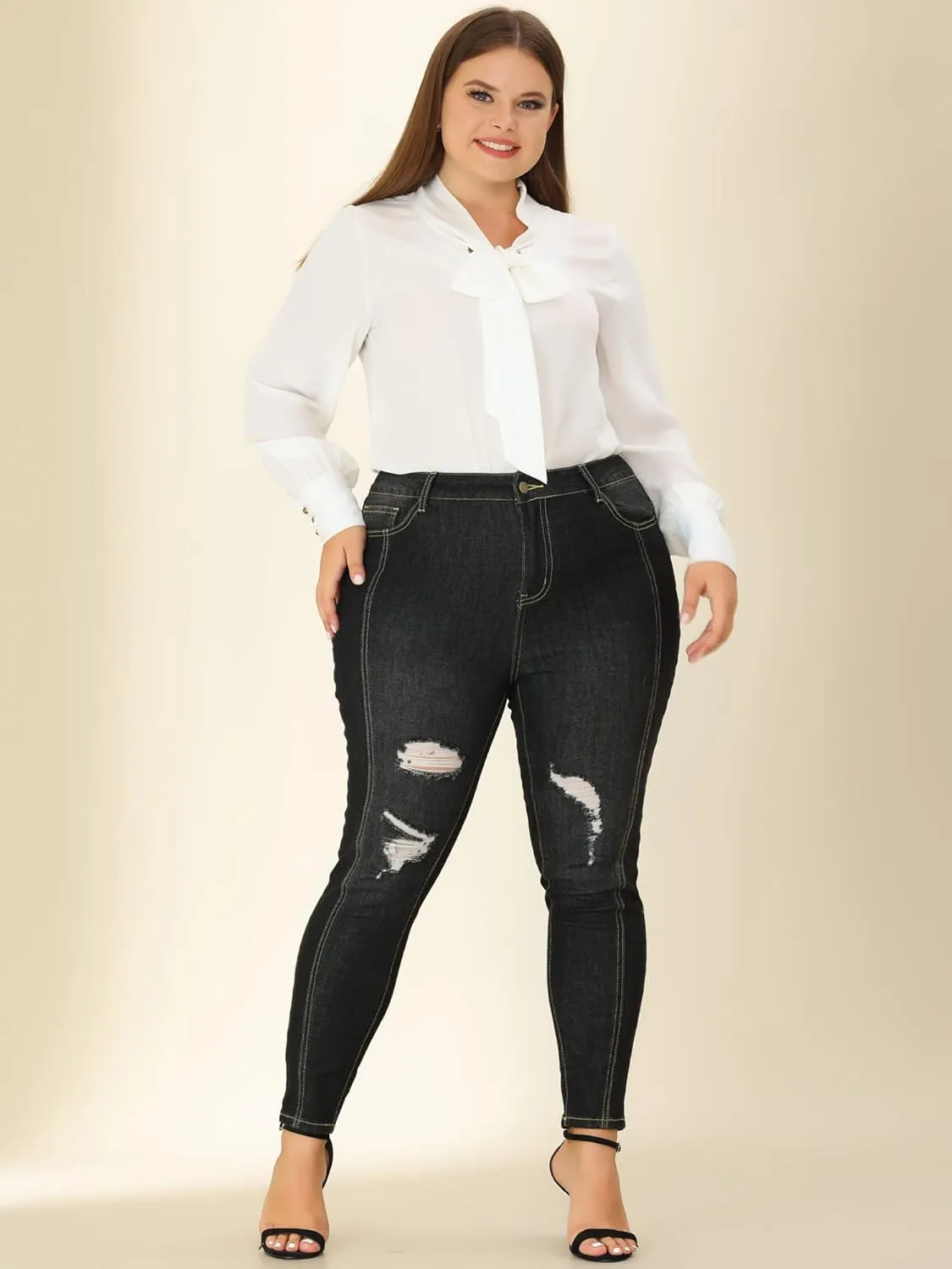 Agnes Orinda Women's Plus Size Jeans Mid Rise Stretch Washed Skinny Jeans Casual Denim Jeggings