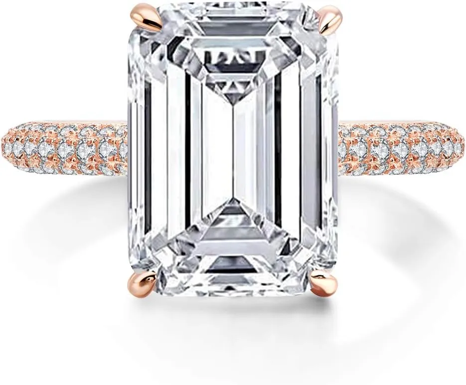AINUOSHI 6 Carats Emerald Cut Cubic Zirconia CZ Rhodium Plated/Rose Gold Sterling Silver Simulated Diamond Wedding Engagement Ring