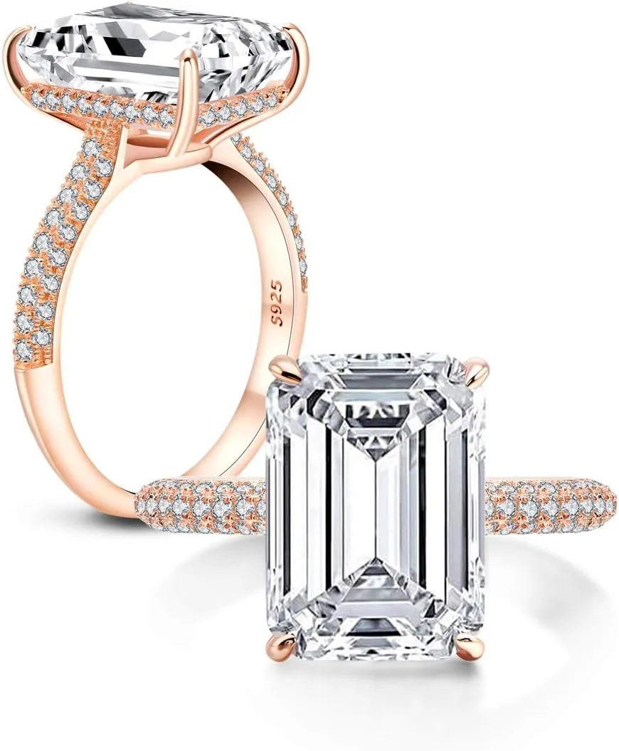 AINUOSHI 6 Carats Emerald Cut Cubic Zirconia CZ Rhodium Plated/Rose Gold Sterling Silver Simulated Diamond Wedding Engagement Ring