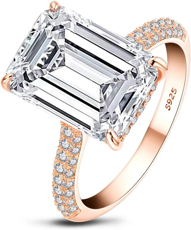 AINUOSHI 6 Carats Emerald Cut Cubic Zirconia CZ Rhodium Plated/Rose Gold Sterling Silver Simulated Diamond Wedding Engagement Ring