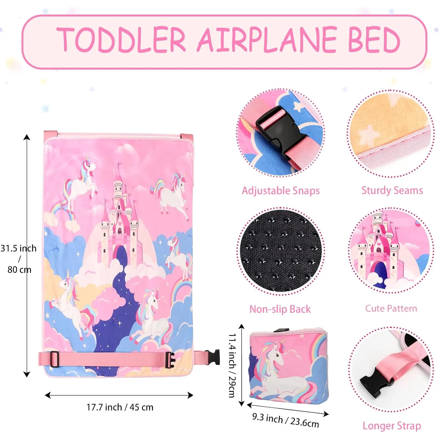 Airplane Bed for Toddler with Blanket, Baby Airplane Travel Essentials, Airplane Seat Extender for Kids, Unicorn