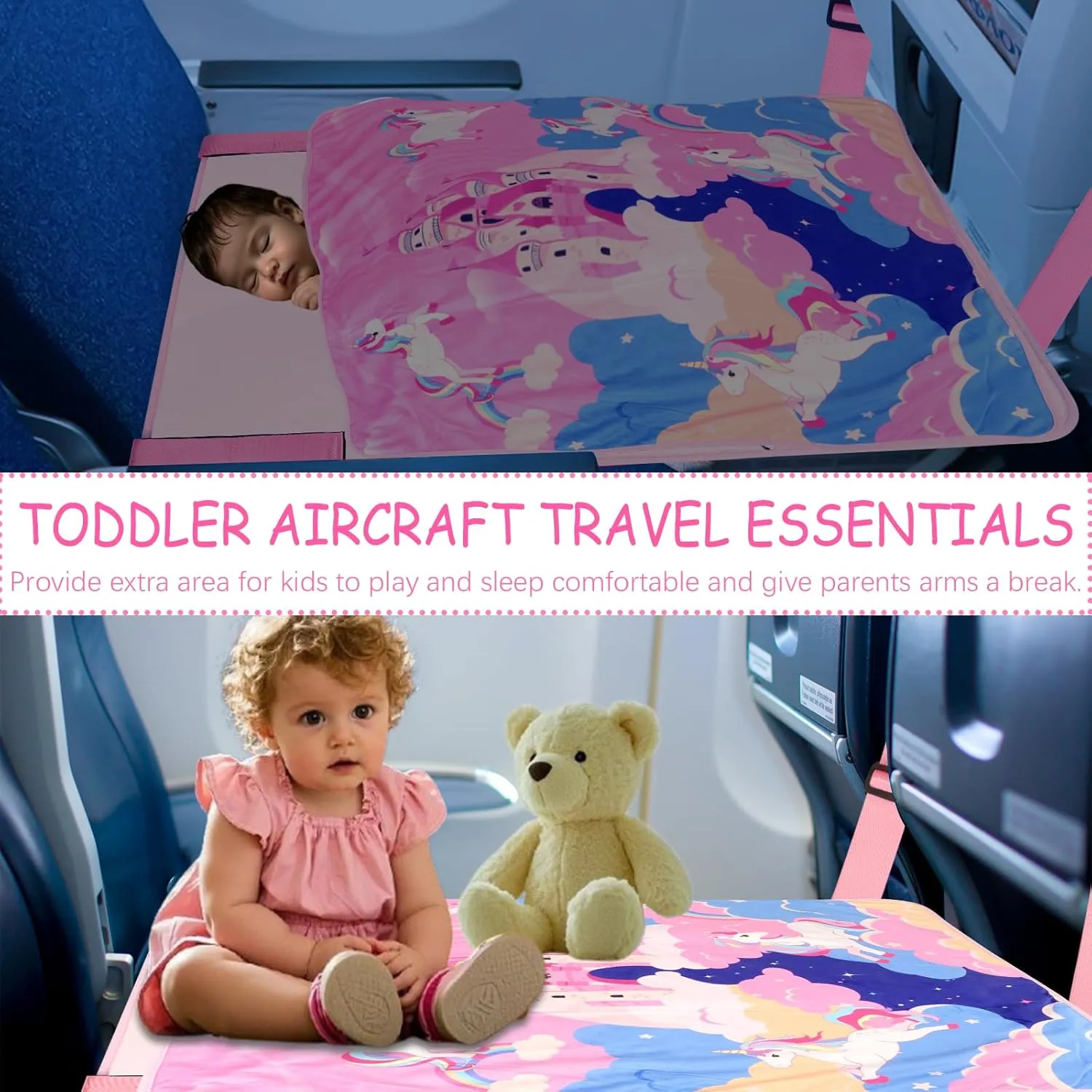 Airplane Bed for Toddler with Blanket, Baby Airplane Travel Essentials, Airplane Seat Extender for Kids, Unicorn