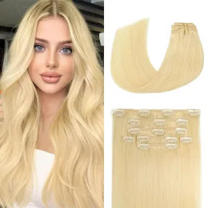 Aison Blonde Clip in Hair Extensions Real Human Hair 70G Bleach Blonde 100% Remy Human Hair Soft Silky Straight 7pcs 16clips One Pack (18 Inch #613)
