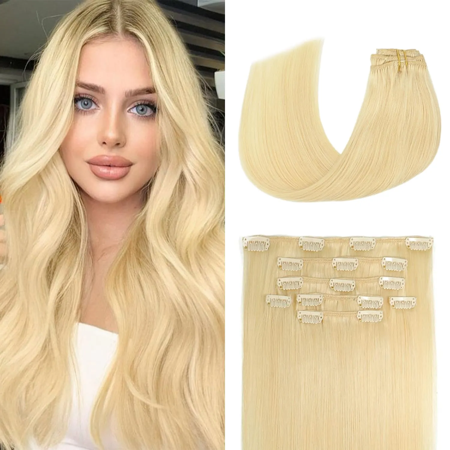 Aison Blonde Clip in Hair Extensions Real Human Hair 70G Bleach Blonde 100% Remy Human Hair Soft Silky Straight 7pcs 16clips One Pack (18 Inch #613)