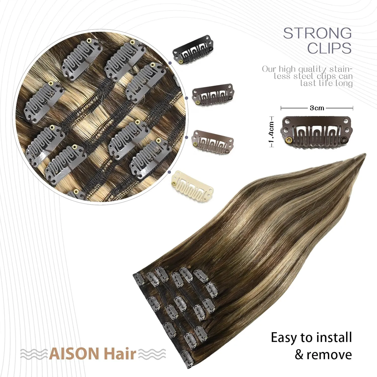 Aison Caramel Clip in Hair Extensions Real Human Hair 70G Chocolate Brown To Dark Blonde 100% Remy Human Hair Soft Silky Straight Ombre Hair Extensions Clip in 7pcs 16clips (18 Inch #4T27P4)