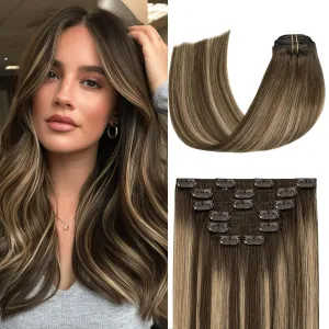 Aison Caramel Clip in Hair Extensions Real Human Hair 70G Chocolate Brown To Dark Blonde 100% Remy Human Hair Soft Silky Straight Ombre Hair Extensions Clip in 7pcs 16clips (18 Inch #4T27P4)