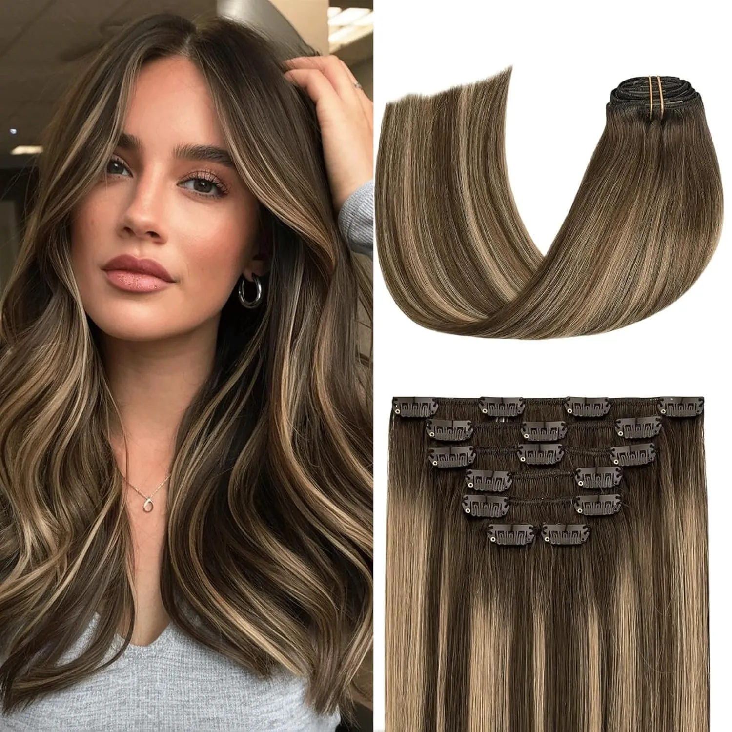 Aison Caramel Clip in Hair Extensions Real Human Hair 70G Chocolate Brown To Dark Blonde 100% Remy Human Hair Soft Silky Straight Ombre Hair Extensions Clip in 7pcs 16clips (18 Inch #4T27P4)