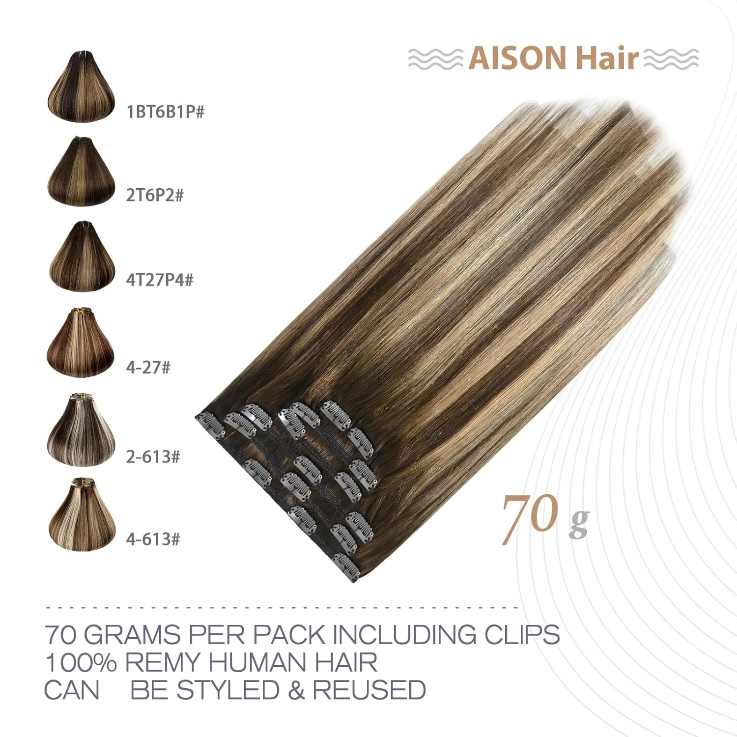 Aison Caramel Clip in Hair Extensions Real Human Hair 70G Chocolate Brown To Dark Blonde 100% Remy Human Hair Soft Silky Straight Ombre Hair Extensions Clip in 7pcs 16clips (18 Inch #4T27P4)
