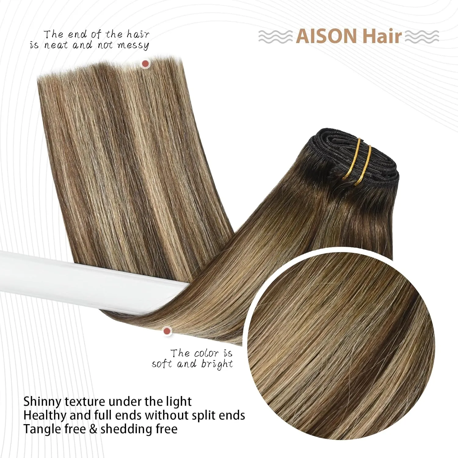 Aison Caramel Clip in Hair Extensions Real Human Hair 70G Chocolate Brown To Dark Blonde 100% Remy Human Hair Soft Silky Straight Ombre Hair Extensions Clip in 7pcs 16clips (18 Inch #4T27P4)