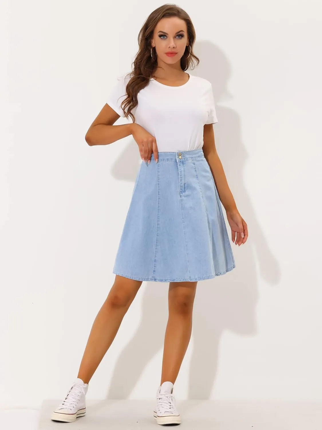 Allegra K Women's High Waisted A-Line Flared Casual Denim Skirt