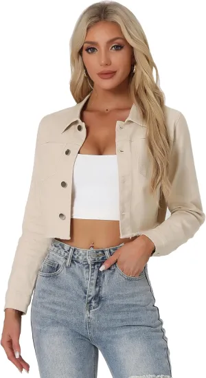Allegra K Women's Jean Jacket Frayed Button Up Washed Cropped Denim Jacket