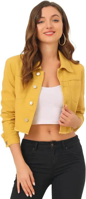 Allegra K Women's Jean Jacket Frayed Button Up Washed Cropped Denim Jacket