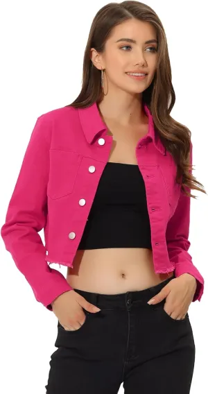 Allegra K Women's Jean Jacket Frayed Button Up Washed Cropped Denim Jacket
