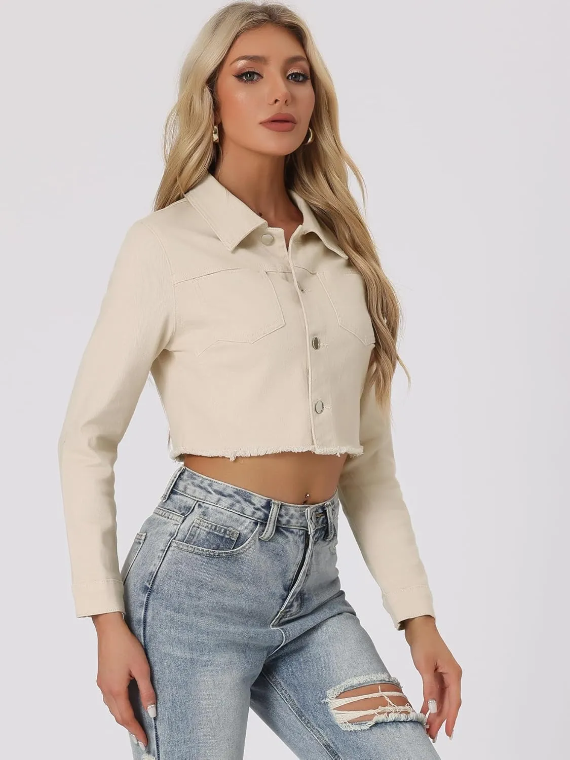 Allegra K Women's Jean Jacket Frayed Button Up Washed Cropped Denim Jacket
