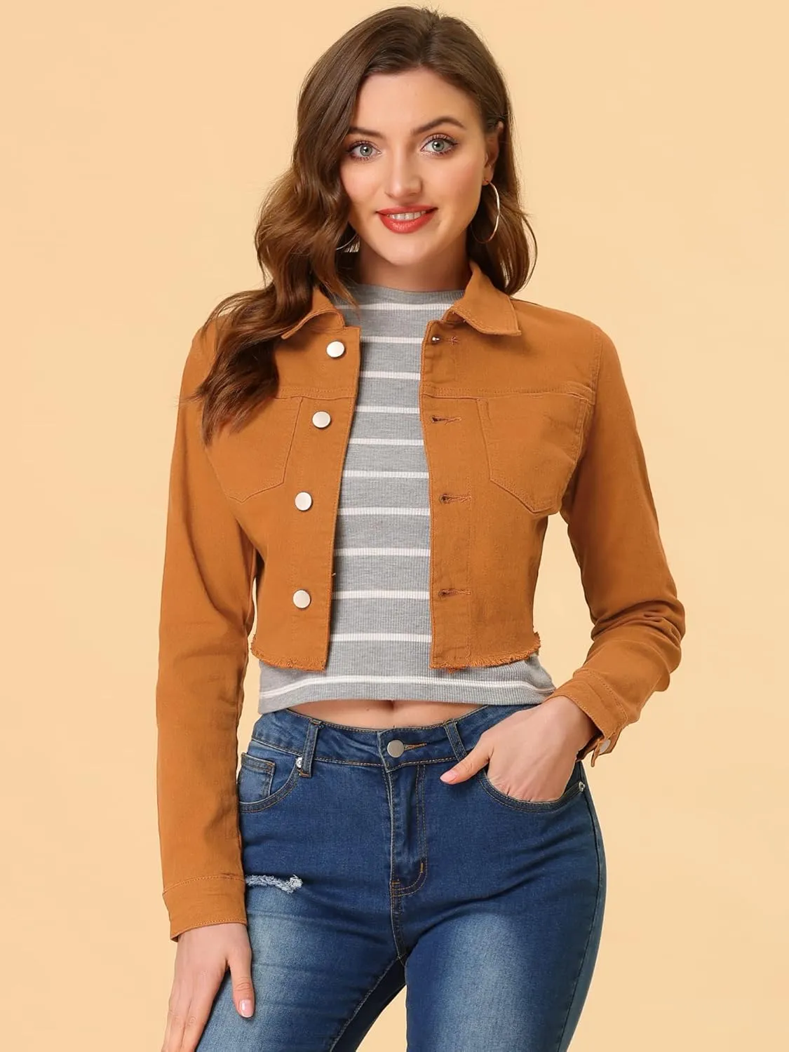 Allegra K Women's Jean Jacket Frayed Button Up Washed Cropped Denim Jacket