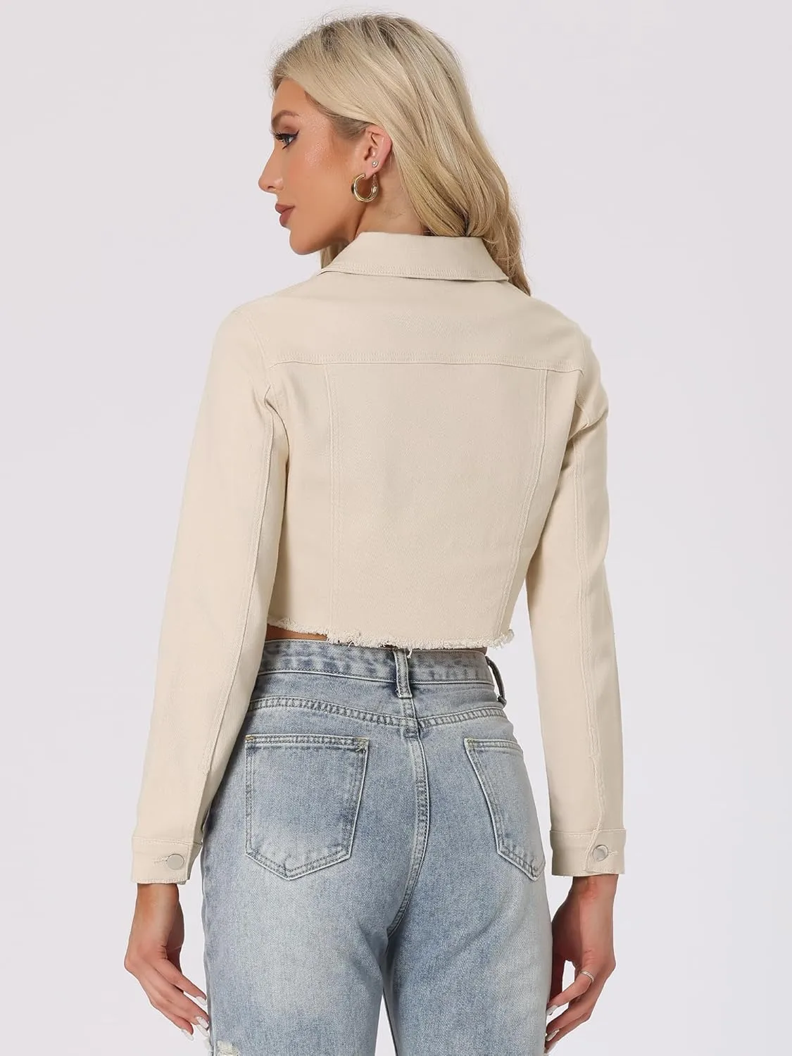 Allegra K Women's Jean Jacket Frayed Button Up Washed Cropped Denim Jacket