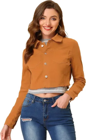 Allegra K Women's Jean Jacket Frayed Button Up Washed Cropped Denim Jacket