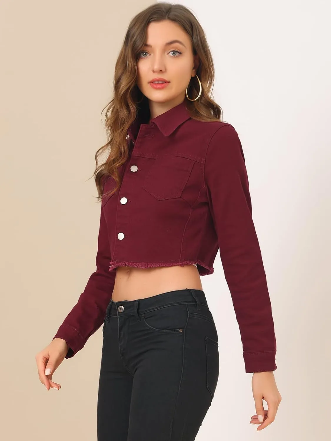 Allegra K Women's Jean Jacket Frayed Button Up Washed Cropped Denim Jacket