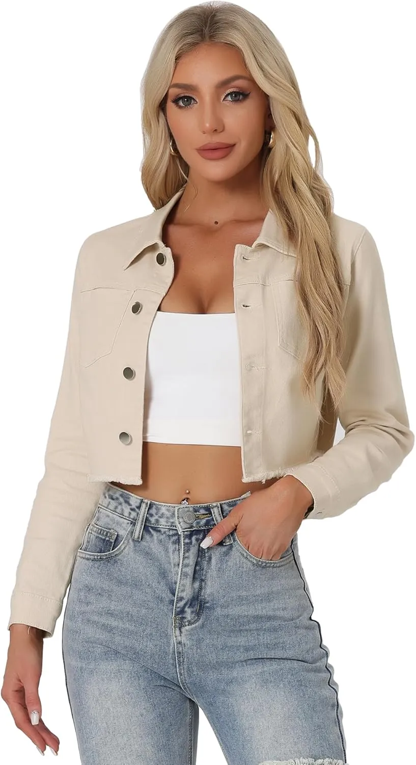 Allegra K Women's Jean Jacket Frayed Button Up Washed Cropped Denim Jacket