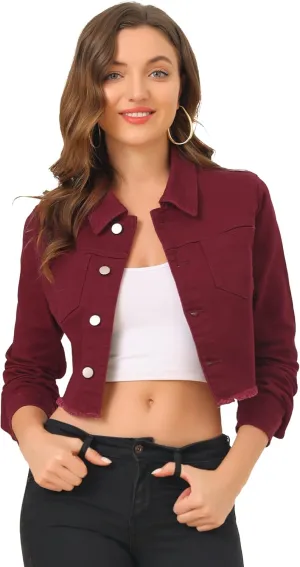 Allegra K Women's Jean Jacket Frayed Button Up Washed Cropped Denim Jacket