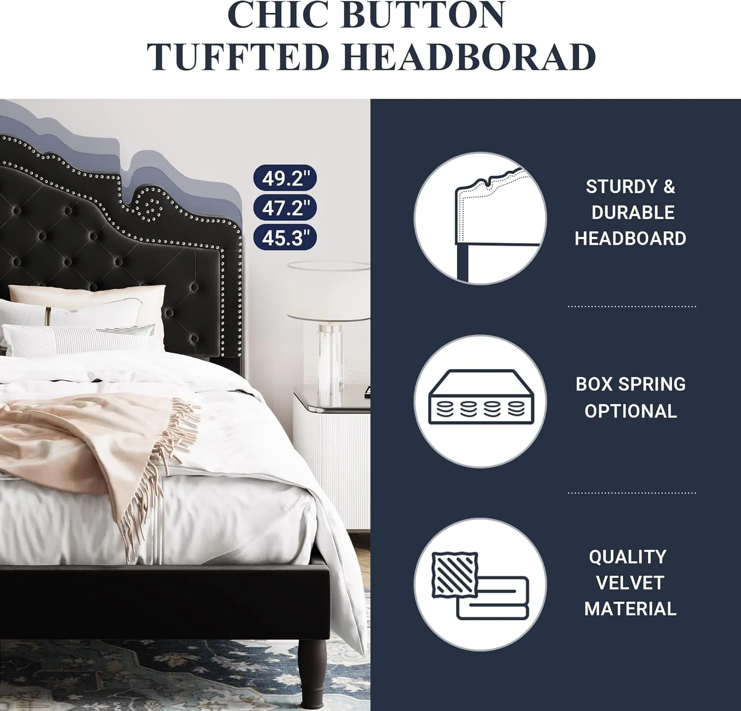 Allewie King Bed Frame with Adjustable Velvet Tiara Headboard, Upholstered Diamond Button Tufted Platform Bed, Wood Slats Support, No Box Spring Needed, Mattress Foundation, Easy Assembly, Black