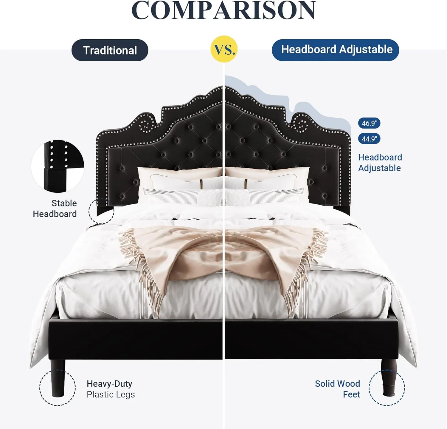 Allewie King Bed Frame with Adjustable Velvet Tiara Headboard, Upholstered Diamond Button Tufted Platform Bed, Wood Slats Support, No Box Spring Needed, Mattress Foundation, Easy Assembly, Black