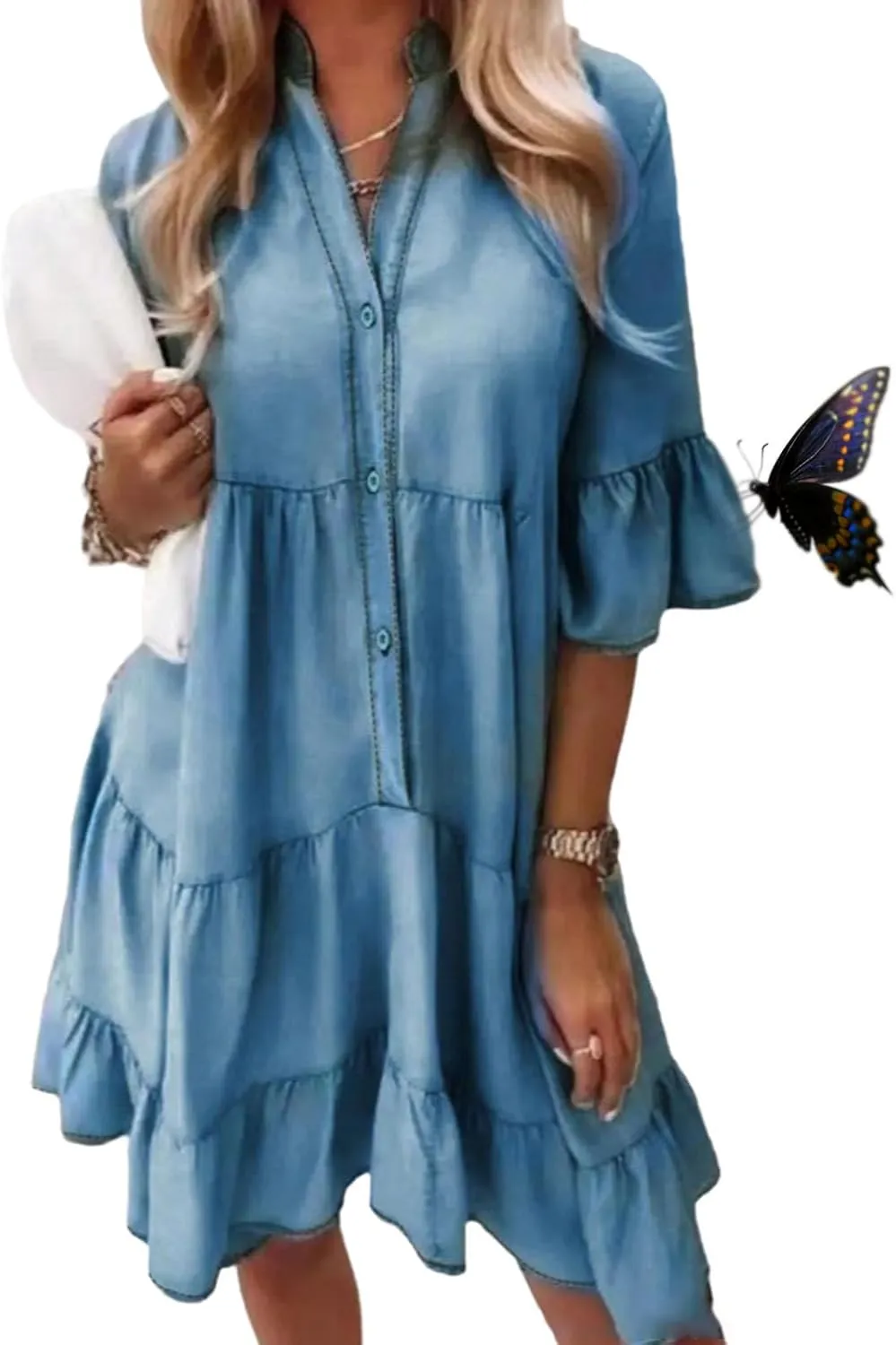 Alltoright V-Neck Ruffle Trim Summer Dress – Lightweight Denim Look, Washed Cotton Half-Sleeve Dress for Women